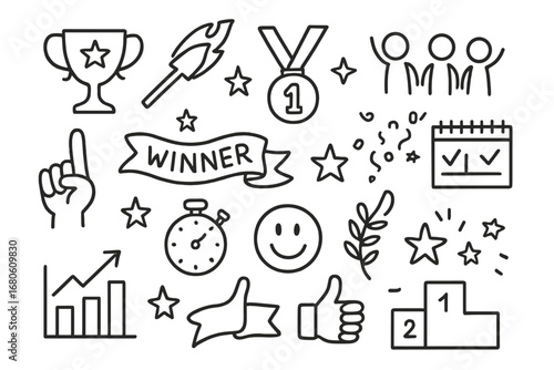 Victory Icons Doodle. Hand-drawn doodle illustration continuous wins trophy, flame arrow, medal, cheering crowd, number one hand,