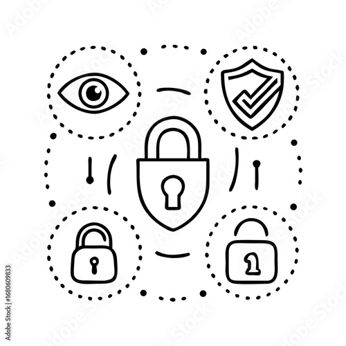 Glyph icons. Shield with check mark, lock, key, fingerprint, masked face (anonymity), encryption (closed lock), eye (surveillance), antivirus, secure connection (lock next to link).