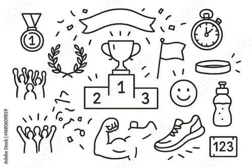 Victory Podium Icons. Hand-drawn doodle illustration Victory podium moment podium, trophy, medal, laurel wreath, flag, cheering