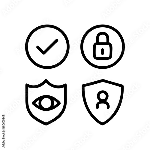 Glyph icons. Shield with check mark, lock, key, fingerprint, masked face (anonymity), encryption (closed lock), eye (surveillance), antivirus, secure connection (lock next to link).