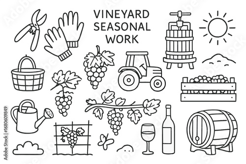 Vineyard and Spring Doodles. Hand-drawn doodle illustration Vineyard seasonal work pruning shears, gloves, basket, tractor, grape