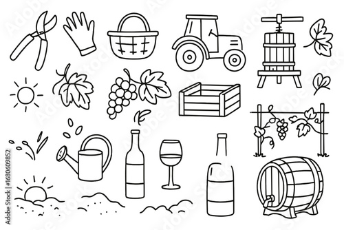 Vineyard and Spring Doodles. Hand-drawn doodle illustration Vineyard seasonal work pruning shears, gloves, basket, tractor, grape