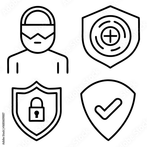 Glyph icons. Shield with check mark, lock, key, fingerprint, masked face (anonymity), encryption (closed lock), eye (surveillance), antivirus, secure connection (lock next to link).