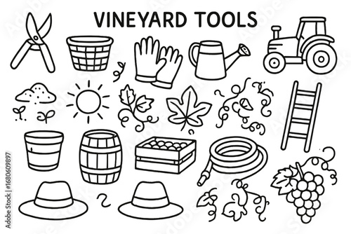 Vineyard Tools Doodle. Hand-drawn doodle illustration Vineyard tools pruning shears, basket, gloves, watering can, tractor, ladder