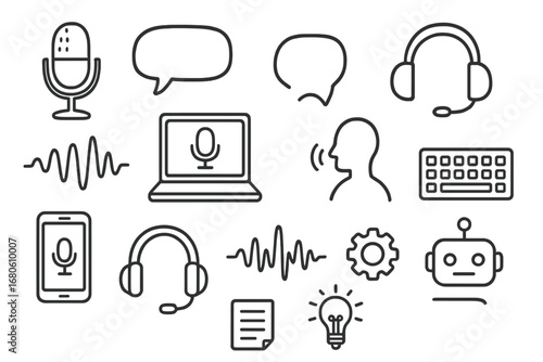 Voice Interface Sketch. Hand-drawn doodle illustration voice interface designer microphone, speech bubble, headset, waveform,