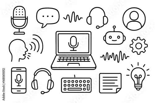 Voice Interface Sketch. Hand-drawn doodle illustration voice interface designer microphone, speech bubble, headset, waveform,
