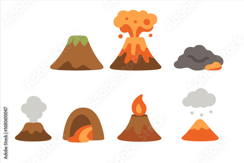 Volcanic Stages for Kids. Flat vector mini-illustrations volcanic activity stages in colors children's illustrations: dormant