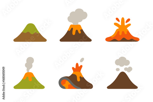 Volcanic Stages for Kids. Flat vector mini-illustrations volcanic activity stages in colors children's illustrations: dormant