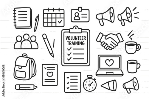 Volunteer Training Icons. Hand-drawn doodle illustration Volunteer training clipboard, notebook, calendar, group of people, pen,