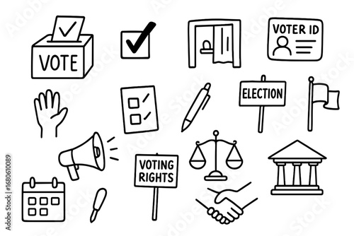 Voting Rights Advocacy. Hand-drawn doodle illustration voting rights advocacy ballot box, checkmark, voting booth, voter ID card,