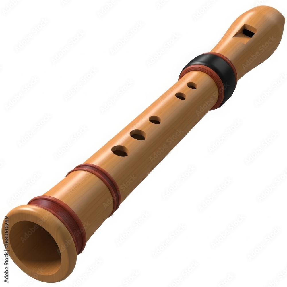 Naklejka premium Wooden recorder musical instrument with finger holes and decorative bands
