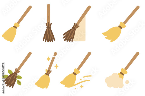 Whimsical Broomstick Icons. Flat vector mini-illustrations rustic broomsticks in colors children's illustrations: wooden