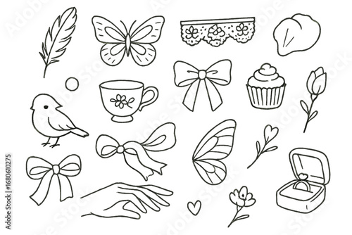 Whimsical Doodle Icons. Hand-drawn doodle illustration soft and dainty feather, lace, butterfly, rose petal, pearl, teacup, ribbon