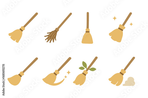 Whimsical Broomstick Icons. Flat vector mini-illustrations rustic broomsticks in colors children's illustrations: wooden