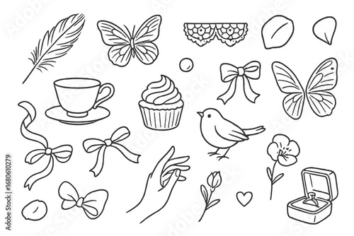 Whimsical Doodle Icons. Hand-drawn doodle illustration soft and dainty feather, lace, butterfly, rose petal, pearl, teacup, ribbon