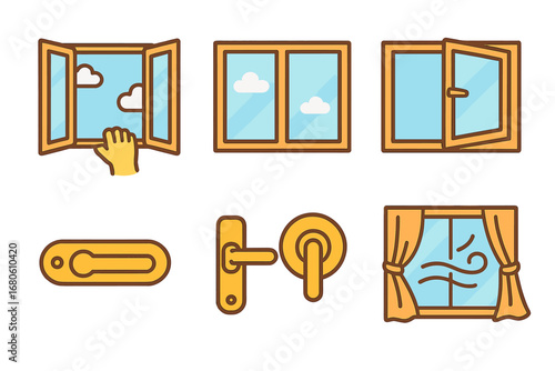 Window Icons for Kids. Flat vector mini-illustrations window openings and closings in colors children's illustrations: window
