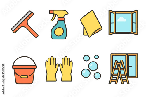 Window Cleaning Icons. Flat vector mini-illustrations window cleaning in colors children's illustrations: window squeegee, spray