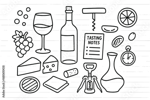 Wine Tasting Essentials. Hand-drawn doodle illustration wine tasting setup wine glass, wine bottle, corkscrew, grapes, cheese