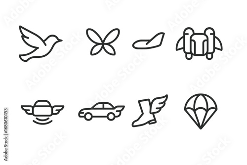 Winged Transportation Icons. Outline icon set of winged transportation: bird flight, insect wings, plane wings, jetpack wings,
