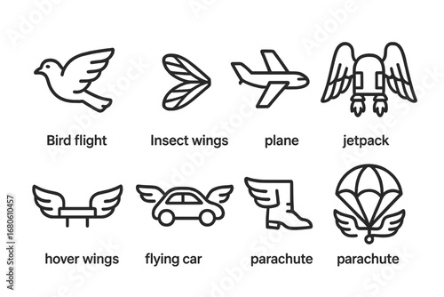 Winged Transportation Icons. Outline icon set of winged transportation: bird flight, insect wings, plane wings, jetpack wings,