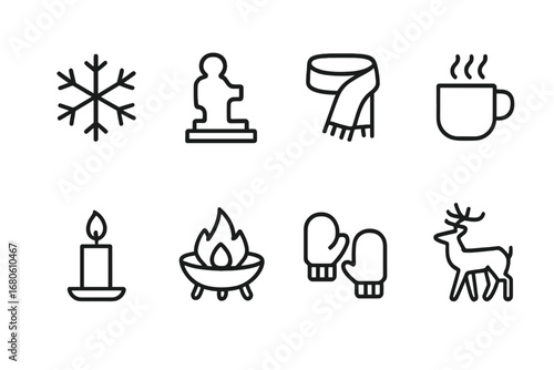 Winter Festival Icons. Outline icon set of winter festival: snowflake, ice sculpture, scarf, hot drink, candle, fire pit, mittens,