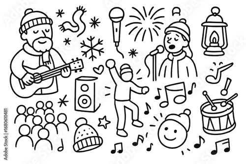 Winter Market Festivities. Hand-drawn doodle illustration Entertainment at winter markets musician with guitar, singer, microphone