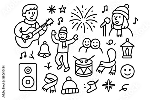 Winter Market Festivities. Hand-drawn doodle illustration Entertainment at winter markets musician with guitar, singer, microphone