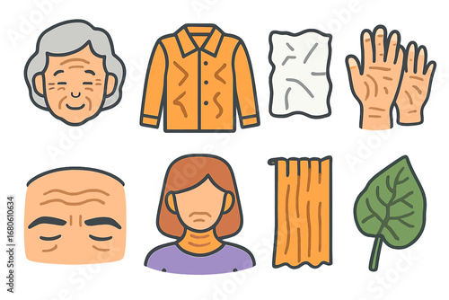 Wrinkles Illustrated Icons. Flat vector mini-illustrations wrinkles in colors children's illustrations: wrinkled face, folded