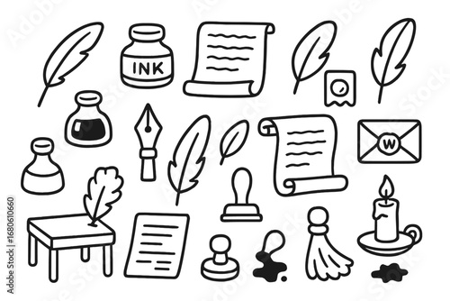 Writing Tools Icons. Hand-drawn doodle illustration letter writing quill pen, ink bottle, parchment, envelope, wax seal, feather,