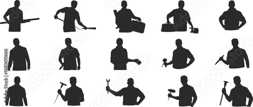 Silhouette vector set of workers with tools in various poses, perfect for construction, handyman services, labor industry, and repair themes.