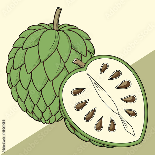 Illustration of a whole and halved custard apple fruit with seeds visible inside