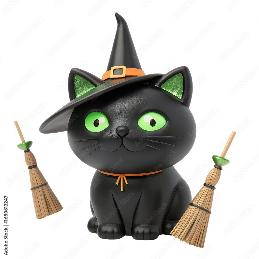 Obraz premium halloween black cat decor A black cat wearing a witch hat with green eyes and two brooms beside it.