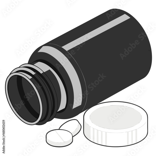 Illustration of a black and white pill bottle with two pills and the cap next to it, the bottle is lying on its side with the cap off