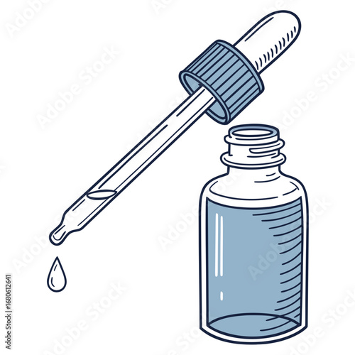 Illustration of a blue dropper bottle with a pipette dispensing a drop, , perfect for showcasing pharmaceutical, cosmetic, or aromatherapy products in a clean and simple style