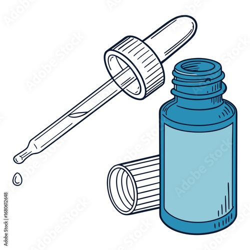 Illustration of a blue dropper bottle with a pipette and cap, , ideal for showcasing pharmaceutical, cosmetic, or aromatherapy products in a clean and simple style