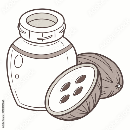 Illustration of a bottle of oil and nutmeg, showcasing a natural ingredient used for cooking, flavoring, and aromatherapy, highlighting its organic and healthy properties