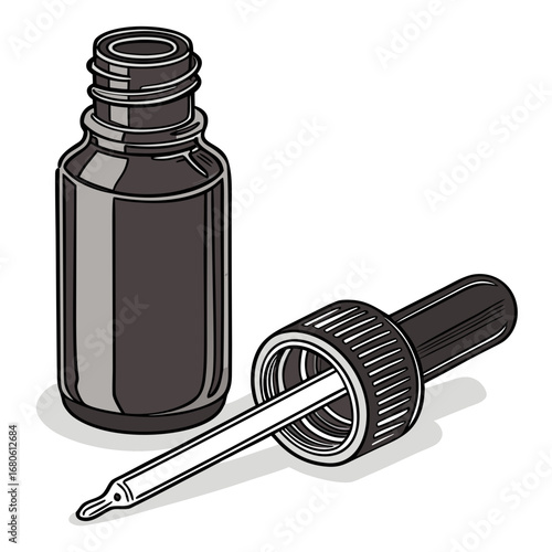 Illustration of a brown dropper bottle and pipette, , ideal for representing medicine, aromatherapy, or cosmetic products in a simple and clean style