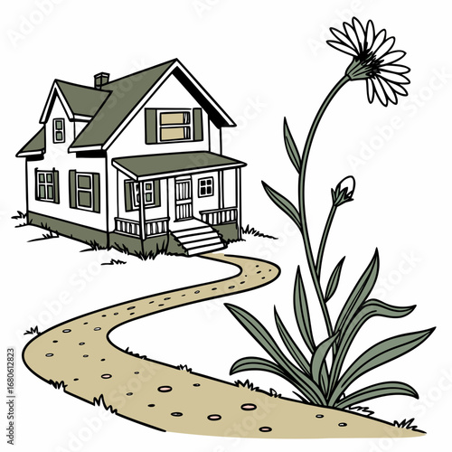 Illustration of a house, flower and path, symbolizing home, nature, and tranquility, with a focus on beauty, growth, and the peacefulness of rural life