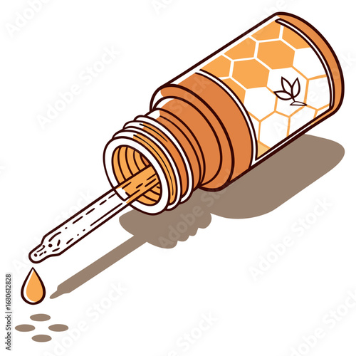 Illustration of a honey serum bottle with a pipette and a drop of liquid, , showcasing natural and organic beauty care for skin, hair, and body wellness