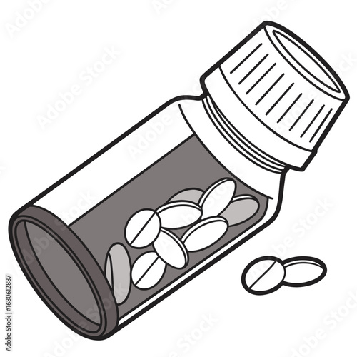 Illustration of a medicine bottle with pills inside, , representing healthcare, medication, and treatment for various health conditions and ailments