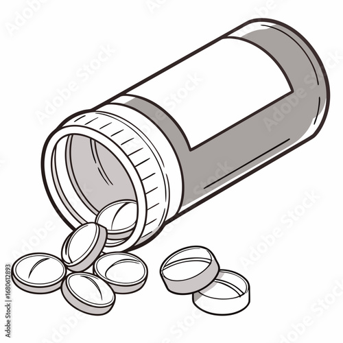 Illustration of a medicine bottle with pills spilling out, , depicting healthcare, medication, and treatment for various ailments and conditions