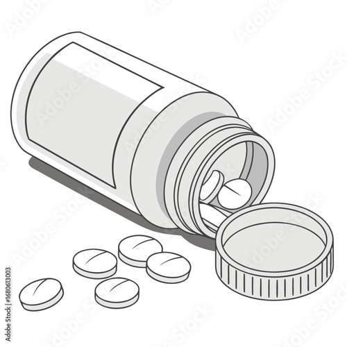 Illustration of a spilled pill bottle, showcasing medication, treatment, and healthcare, ideal for medical and pharmaceutical concepts