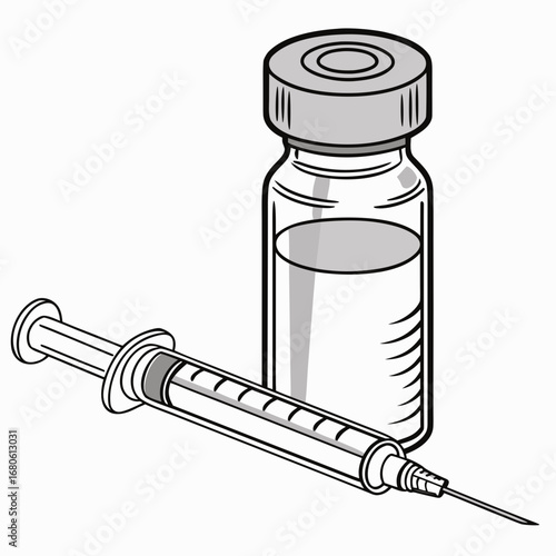 Illustration of a vaccine vial and syringe, , representing medical treatment, immunization, and disease prevention in healthcare and pharmaceutical settings