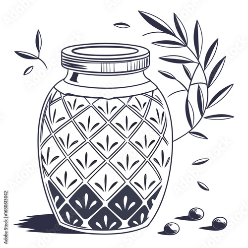 Illustration of a vintage mason jar with a decorative pattern, surrounded by olive branches and berries, , perfect for canning, preserving, or storing homemade goods