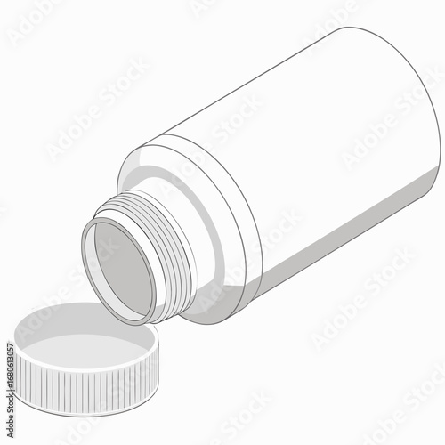 Illustration of a white plastic medicine bottle with the cap off