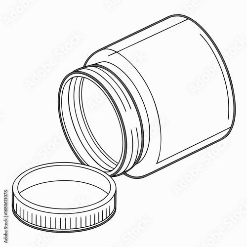 Illustration of an open empty plastic jar with a lid, , perfect for storing food, cosmetics, or medicine, with a clean and modern design style