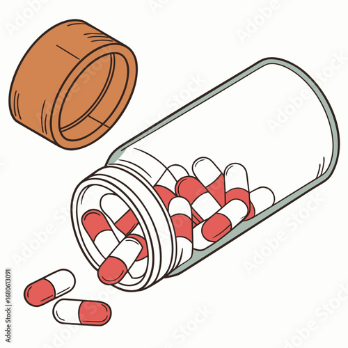 Illustration of an open medicine bottle with red and white capsules spilling out, , perfect for health blogs, pharmacy ads, or medical guides