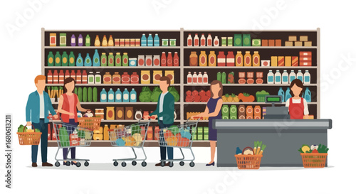 Flat vector illustration of a supermarket interior with shoppers pushing carts and carrying baskets, shelves filled with groceries and products, cashier at checkout counter