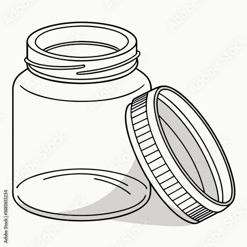 Vector art of an empty glass bottle with its lid beside it, the illustration depicts a typical container used in pharmaceuticals and laboratories for storing medicine