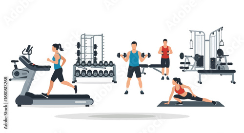 Flat vector illustration of a gym interior with people exercising on treadmill, lifting dumbbells, and stretching on yoga mats, fitness equipment like weights and benches in background